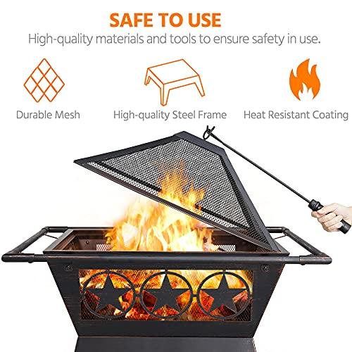 Yaheetech Fire Pit 32in Fire Pits for Outside Outdoor Fireplace Large Square Wood Burning Fire Pit Heavy Duty for Patio BBQ Camping Bonfire with Spark Screen, Mesh Cover, Poker - CookCave