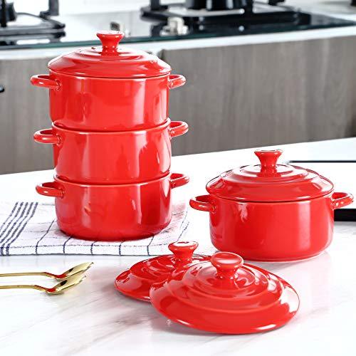 Bruntmor Soup Bowls Dinner Serving Ramekins 8.5 Oz Oven Safe Mini Cocotte Ceramic Ramekin For Baking, Mini Casserole with Lid, Souffle Dish, (Matte Red) - CookCave