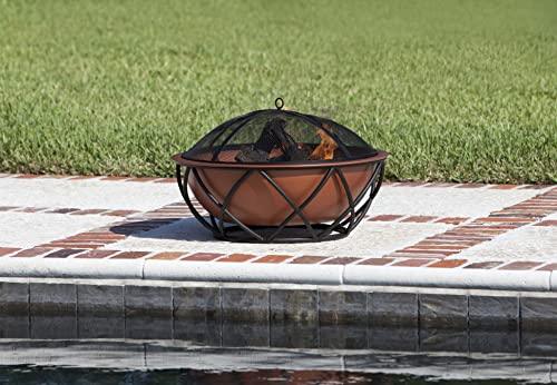 Fire Sense 62241 Fire Pit Barzelonia Copper-Look Wood Burning Lightweight Portable Outdoor Firepit Backyard Fireplace Camping Bonfire Included Screen Lift Tool & Cooking Grate - Round - 26" - CookCave