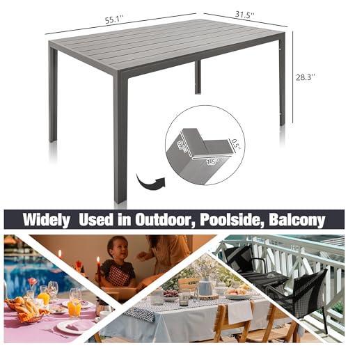 Dporticus Outdoor Dining Table for 6 Person, 55” Weather-Resistant Patio Dining Table with Wood Like Tabletop and Sturdy Aluminum Frame for Outside Indoor Garden Backyard Use, Grey - CookCave