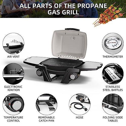 Portable Gas Grill, Portable Propane Grill, Propane Gas Grill, 24,000 BTU Outdoor Tabletop Small BBQ Grill with Two Burners, Removable Side Tables, Gas Hose and Regulator, Built in Thermometer, White - CookCave