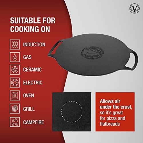 Victoria 15-Inch Cast Iron Comal Pizza Pan with 2 Side Handles, Preseasoned with Flaxseed Oil, Made in Colombia - CookCave