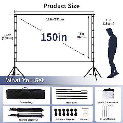 Projector Screen with Stand, Wootfairy 150 inch Portable and Foldable Projection Screen 4K HD 16:9 Rear Front Wrinkle-Free Movie Screen with Carry Bag for Indoor Outdoor Home Theater Backyard Cinema - CookCave