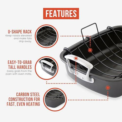 Chef Pomodoro Deluxe Large Carbon Steel Roasting Pan with U-Rack, 18.5 x 14.5-Inch, Extra-Large, Grey – The Ultimate Solution for Flawless Roasts, BBQs, and Oven-to-Table Entertaining - CookCave