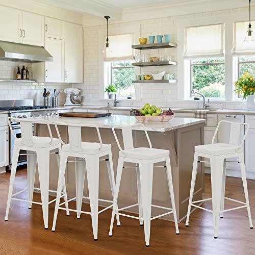 Alunaune 24" Metal Counter Height Barstools Set of 4, Industrial Counter Bar Stools Kitchen Bar Chairs Indoor Outdoor Stool-Low Back, White - CookCave