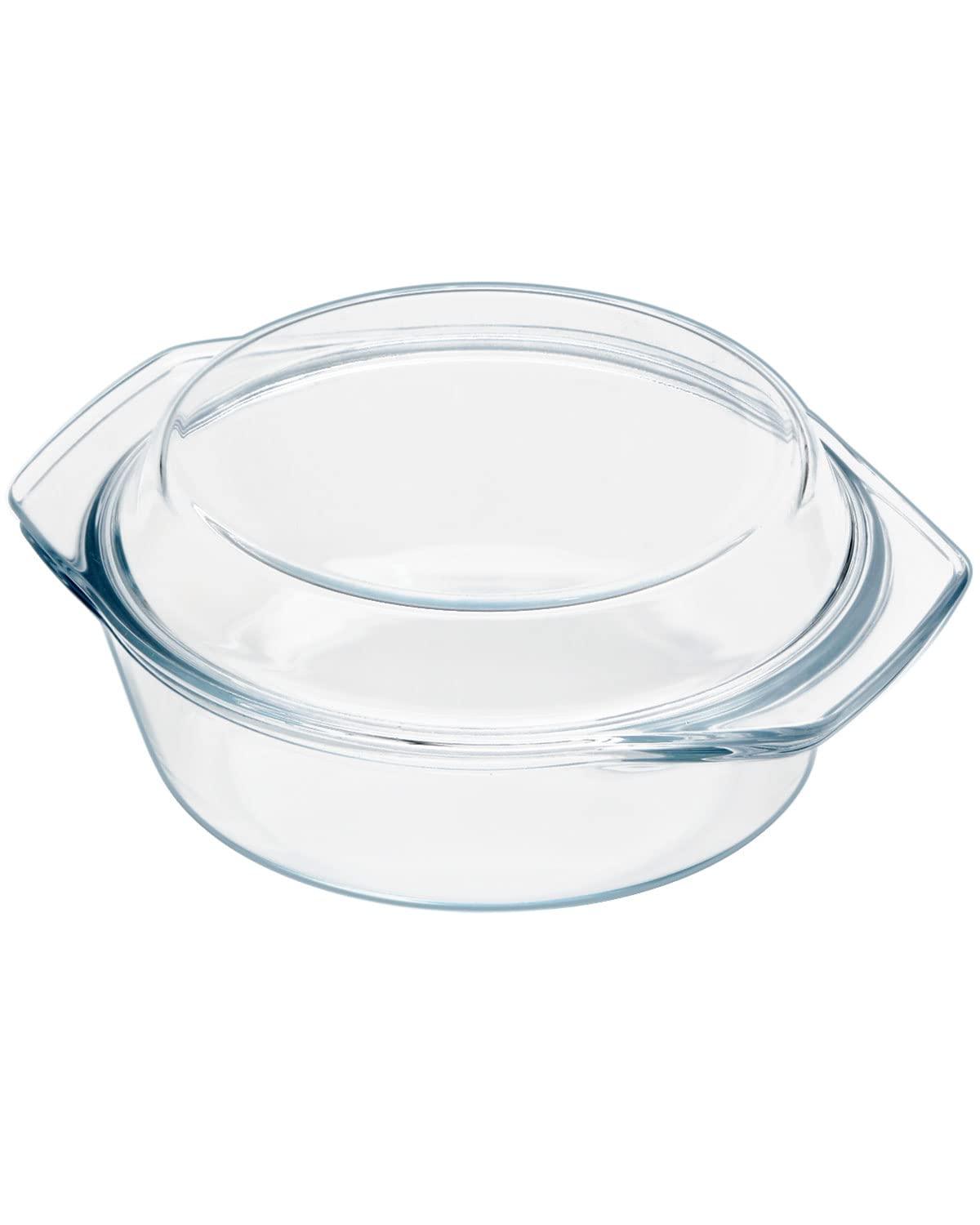 Clear Round Glass Casserole with Lid by NUTRIUPS | Covered Glass Ovenware with Lid, 1 L - CookCave