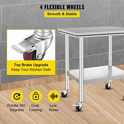 Mophorn Stainless Steel Work Table with Wheels 24 x 30 x 32 Inch Prep Table with 4 Casters Heavy Duty Work Table for Commercial Kitchen Restaurant Business - CookCave