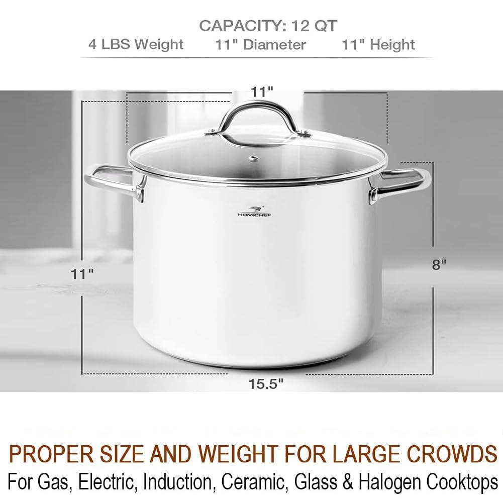 HOMICHEF 12 Quart LARGE Stock Pot with Glass Lid - NICKEL FREE Stainless Steel Healthy Cookware Stockpots with Lids 12 Quart - Mirror Polished Induction Pot - Commercial Grade Soup Pot Cooking Pot - CookCave