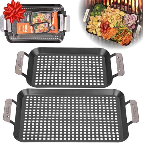Camerons BBQ Grill Topper Grilling Pans (Set of 2 - Non-Stick Barbecue Trays w Stainless Steel Handles - Indoor Outdoor use for Barbecue & Smoked Meat, Vegetables & Seafood - Grill Accessory Gift Pack - CookCave