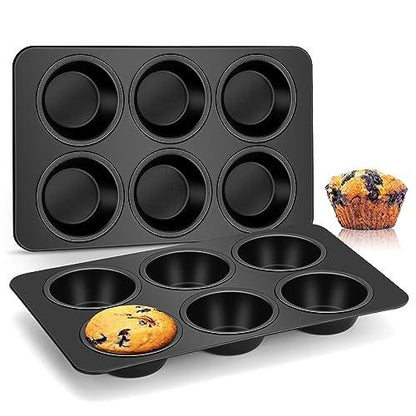 E-far Muffin Pan Set of 2, Non-stick Muffin Pan Tin for Baking, 6-Cup Metal Cupcake Pan Tray for Oven, Easy Release & Clean, Regular Size - 11.44 x 7.12 x 1.25 Inch - CookCave