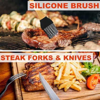 N NOBLE FAMILY Premium Grill Accessories Set with Bamboo Grain Smooth Handle - 30PCS Stainless Steel BBQ Tools Set with Bamboo Grain Suitcase - Unique BBQ Utensils Set Gift for Men Women - CookCave