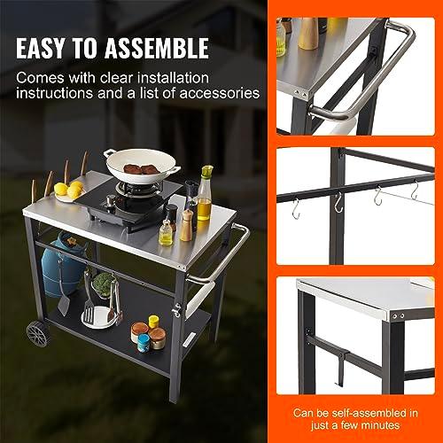 VEVOR Outdoor Grill Dining Cart with Double-Shelf, BBQ Movable Food Prep Table, Multifunctional Stainless Steel Table Top, Portable Modular Carts for Pizza Oven, Worktable with 2 Wheels, Carry Handle - CookCave