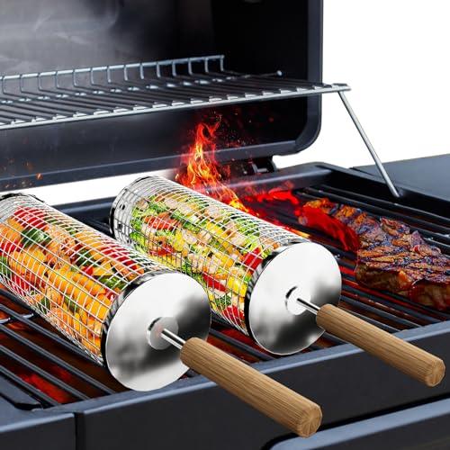 Ivtivfu 2PCS Nesting Grill Baskets with Handle (11.2" x 3.9") Grilling Tools, Barbecue Accessories, Rolling Grilling Basket for Outdoor Grill, Vegetable Shrimp Chicken, 304 Stainless Steel - CookCave