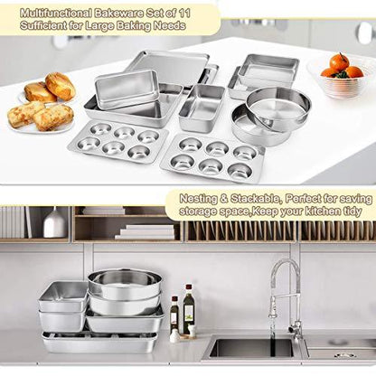 TeamFar Stainless Steel Bakeware Set of 11, Toaster Oven Baking Pan Set, Lasagna Pan, Square & Round Cake Pan, Loaf Pan & Muffin Pan, Healthy & Durable, Dishwasher Safe & Smooth - CookCave
