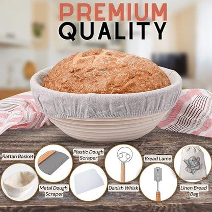 ECOMERR 9” Banneton Bread Proofing Basket - Set of 2 Round & Oval Rattan Proofing Baskets for Sourdough Bread Baking with Bread Lame + Steel & Plastic Dough Scraper + Linen Liner Cloth + Dough Whisk - CookCave