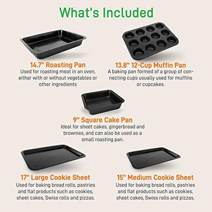 NutriChef 10-Piece Kitchen Oven Baking Pans - Deluxe Carbon Steel Bakeware Set with Stylish Non-stick Gray Coating Inside and Out, Dishwasher Safe & PFOA, PFOS, PTFE Free - NutriChef,Black - CookCave