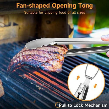 SHINESTAR Heavy Duty Grill Tools Set, Stainless Steel Grill Utensils, Features Spatula, Fork, Tongs and Basting Brush, Perfect for Barbecue & Grilling, Dishwasher Safe, 4PCS - CookCave