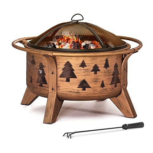 Sunjoy 30 in. Outdoor Wood-Burning Fire Pit, Patio Tree Motif Round Steel Firepit Large Fire Pits for Outside with Spark Screen and Poker - CookCave