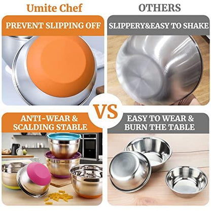 Umite Chef Mixing Bowls with Airtight Lids, 6 Piece Stainless Steel Metal Bowls, Measurement Marks & Colorful Non-Slip Bottoms Size 7, 3.5, 2.5, 2.0,1.5, 1QT, Great for Mixing & Serving - CookCave