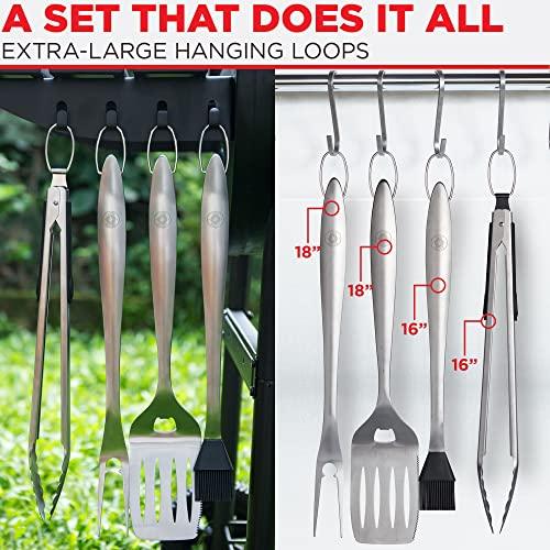 Alpha Grillers Grill Set Heavy Duty BBQ Accessories - BBQ Gifts Tool Set 4pc Grill Accessories with Spatula, Fork, Brush & BBQ Tongs - Grilling Cooking Gifts for Men Dad Durable, Stainless Steel - CookCave