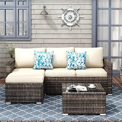 SUNTONE Patio Furniture Set All Weather Wicker Outdoor Sectional Patio Couch Rattan Patio Sectional with Table and Chairs, 3 Piece Patio Sofa Set, Beige - CookCave