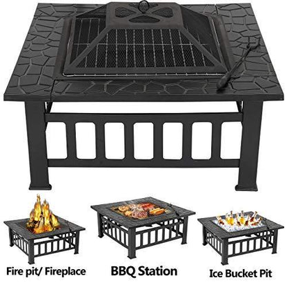 LEMY 32 inch Outdoor Fire Pit Square Metal Firepit Backyard Patio Garden Stove Wood Burning Fire Pit W/Rain Cover, Faux-Stone Finish - CookCave