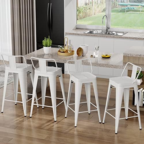 Alunaune 24" Metal Counter Height Barstools Set of 4, Industrial Counter Bar Stools Kitchen Bar Chairs Indoor Outdoor Stool-Low Back, White - CookCave