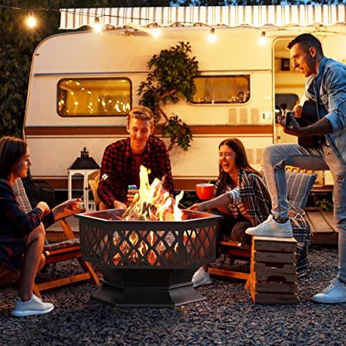 Yaheetech 26in Fire Pits for Outside Hex Shaped Fire Pit Wood Fire Pit Outdoor Fireplace for Bonfire Patio Picnic BBQ, with Spark Cover, Fire Poker - CookCave