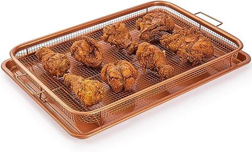 Copper Crisper Tray Non-Stick Oven Baking Tray with Elevated Mesh Crisping Grill Basket 2 Piece Set Extra Large 13"X19" – by Nuovva - CookCave