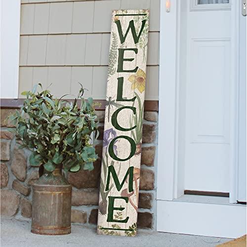 My Word! Welcome Botanical Porch Board Welcome Sign and Porch Leaner for Front Door Porch Deck Patio or Wall - Indoor Outdoor Spring & Summer Farmhouse Rustic Vertical Porch and Yard Decor - 8"x46.5" - CookCave