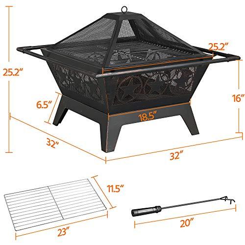 Yaheetech Fire Pit 32in Fire Pits for Outside Outdoor Fireplace Large Square Wood Burning Fire Pit Heavy Duty for Patio BBQ Camping Bonfire with Spark Screen, Mesh Cover, Poker - CookCave