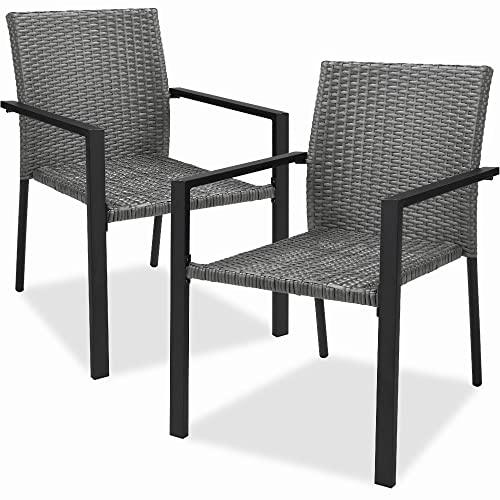 Best Choice Products Set of 2 Stackable Outdoor Wicker Dining Chairs All-Weather Firepit Armchair w/Armrests, Steel Frame for Patio, Deck, Garden, Yard - Gray - CookCave