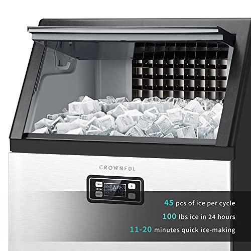 CROWNFUL Commercial Ice Maker 100Lbs/24H, Stainless Steel Ice Machine with 33Lbs Ice Storage Capacity, Free-Standing Under Counter Ice Maker, Ideal for Home, Office, Restaurant, Bar, Coffee Shop - CookCave