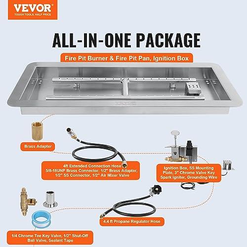 VEVOR 24 x 8 inch Drop-in Fire Pit Pan, Rectangular Stainless Steel Fire Pit Burner Kit, Propane Gas Fire Pan 120,000 BTU with H-Burner for Indoor or Outdoor Use - CookCave