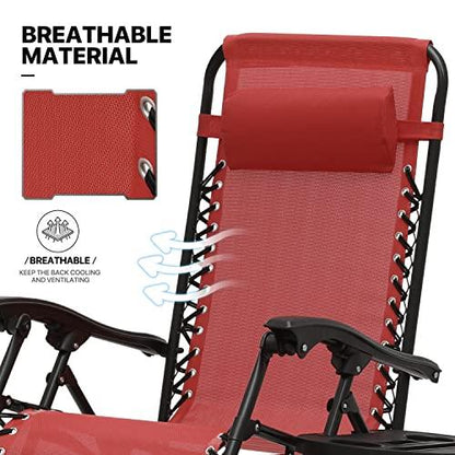 MoNiBloom Folding Beach Lounge Chair 2-Pack, Chaise Lounge with Pillow & Cup Holder, Portable Outside Patio Recliner for Poolside Beach Vacation, 330lbs Capacity, Maroon - CookCave