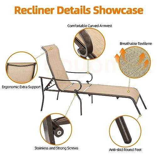 yoyomax Chaise Lounge Outdoor w/Adjustable Back in 5 Reclining Levels, Sturdy Metal Frame, Sunbathing Chair for Beach, Yard, Balcony, Poolside, Beige - CookCave