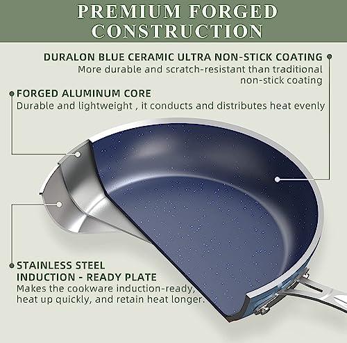 Nuwave Healthy Duralon Blue Ceramic Nonstick Cookware Set, Diamond Infused Scratch-Resistant, PFAS Free, Dishwasher & Oven Safe, Induction Ready & Evenly Heats, Tempered Glass Lids & Stay-Cool Handles - CookCave