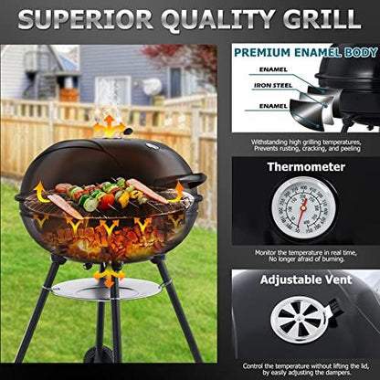 Joyfair 22-inch Kettle Charcoal Grill with Thermometer, 2 Layer Racks Barbecue Grill for Outdoor Camping Backyard Party BBQ Cooking, Premium Material & Heavy Duty, Extra Thick Steel & Enamel Coated - CookCave