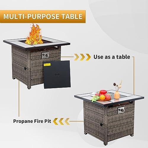 Outdoor Propane Fire Pit Table for Outside, 30 Inch 50,000 BTU Square Grey Rattan Gas Firepit with Tabletop, Fire Glass, and Waterproof Cover, for Parties and Gatherings on Patio Garden Backyard Porch - CookCave