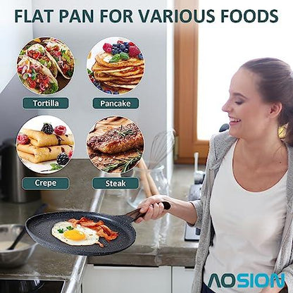 AOSION Crepe Pan Nonstick Dosa Tawa Pan,11 inch Flat Pan,Skillet Pan,Cast Aluminum Tortilla Pan for Pancake Omelette Steak Frying Egg with Ergonmic Handle,For All Stoves - CookCave