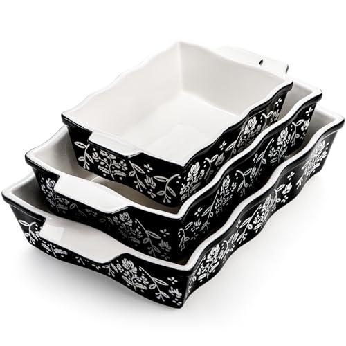 Bekith 3-Piece Ceramic Baking Dishes with Handles, Casserole Dishes for Oven, Rectangular Deep Lasagna Pans, Porcelain Bakeware Sets for Baking Cake Kitchen, Cooking, Black and White - CookCave