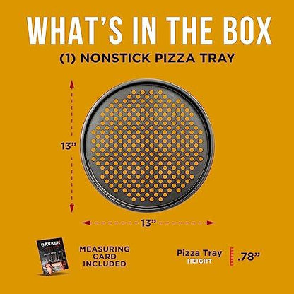 Bakken- Swiss Non-Stick Pizza Pan with Holes - 13-Inch Perforated Pizza Crisper Carbon Steel Pizza Pan - 1 Round Pizza Trays with Silicone Handles PFOA PFOS and PTFE Free - CookCave