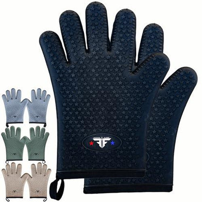 Freedom Flames Silicone Gloves for Grilling - Heat Resistant BBQ Gloves for Handling Hot Meat & Food on Smoker Pit or Grill, Waterproof Heat Proof Grill Gloves Oven Mitts for Baking & Cooking (Black) - CookCave