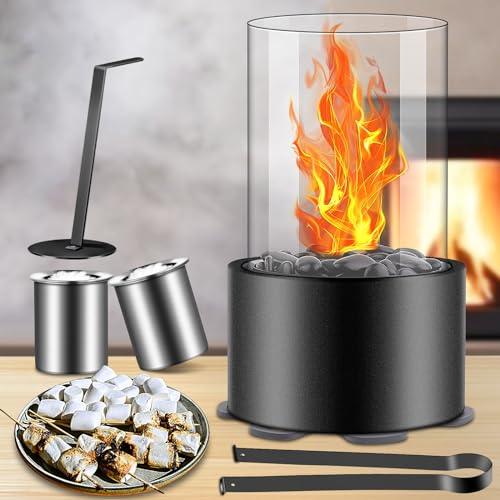 OUBRTS Small Tabletop Fire Pit Bowl with Black Stone & Wind Proof Glass, Portable Alcohol Tabletop Fireplace for Indoor & Outdoor, Fire Killer, 2 Combustion Chambers - CookCave