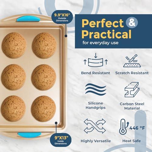 Perlli Cookie Sheet Baking Pan 2 Piece Set, Gold Nonstick Trays with Blue Silicone Hand Grips Oven Bakeware Pans Set, Premium Quality Carbon Steel Baking Tray Sheets - CookCave