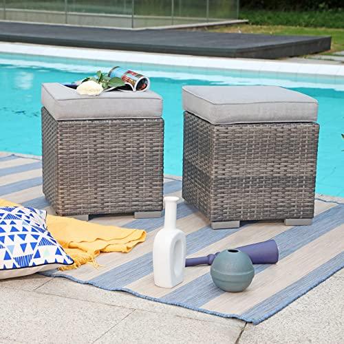 Patiorama 2 Pieces Assembled Outdoor Patio Ottoman, Indoor Outdoor All-Weather Grey Wicker Rattan Outdoor Footstool Footrest Seat with Light Grey Cushions, No Assembly Required - CookCave