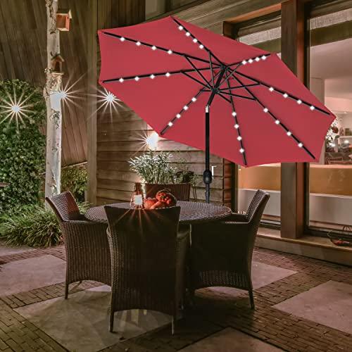 Simple Deluxe 9' Solar Umbrella 32 LED Lighted Patio Umbrella Table Market Umbrella with Push Button Tilt/Crank Outdoor Umbrella for Garden, Deck, Backyard and Pool, Red - CookCave