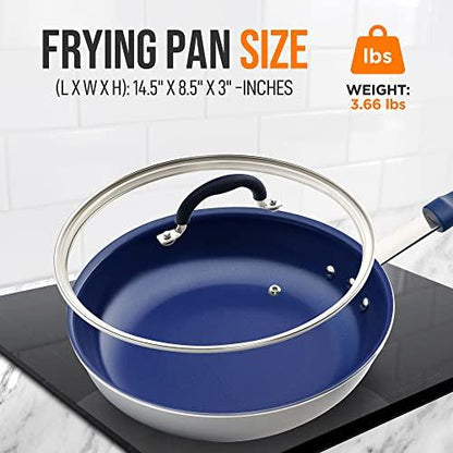 NutriChef 8" Fry Pan With Lid - Small Skillet Nonstick Frying Pan With Lid, Silicone Handle, Ceramic Coating, Blue Silicone Handle, Stain-Resistant And Easy To Clean, Professional Home Cookware - CookCave