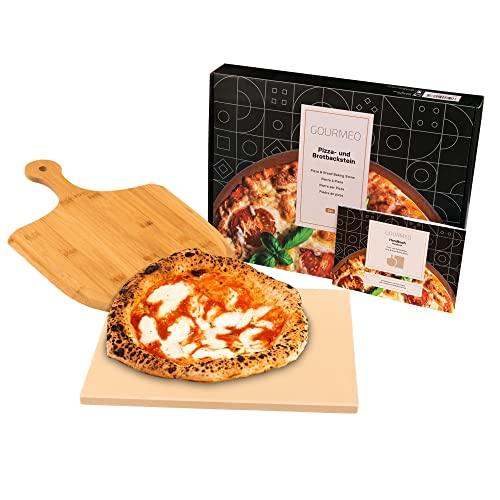 GOURMEO Pizza Stone Pan and Wooden Pizza Paddle - 15x11.8x0.6 inch - Cordiete Bread Beaking Stone w/Pizza Peel - Suitable for Oven & Grill - CookCave