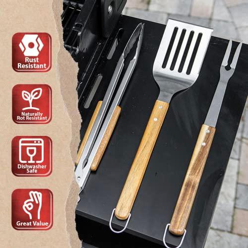 BBQ-AID 3 Piece Grill Set BBQ Accessories - Kitchen Tongs, Metal Spatula & Fork Utensils - Heavy Duty Stainless Steel Barbecue Grill Utensils for Outdoor Grill with Solid Sturdy Wood Handles - CookCave